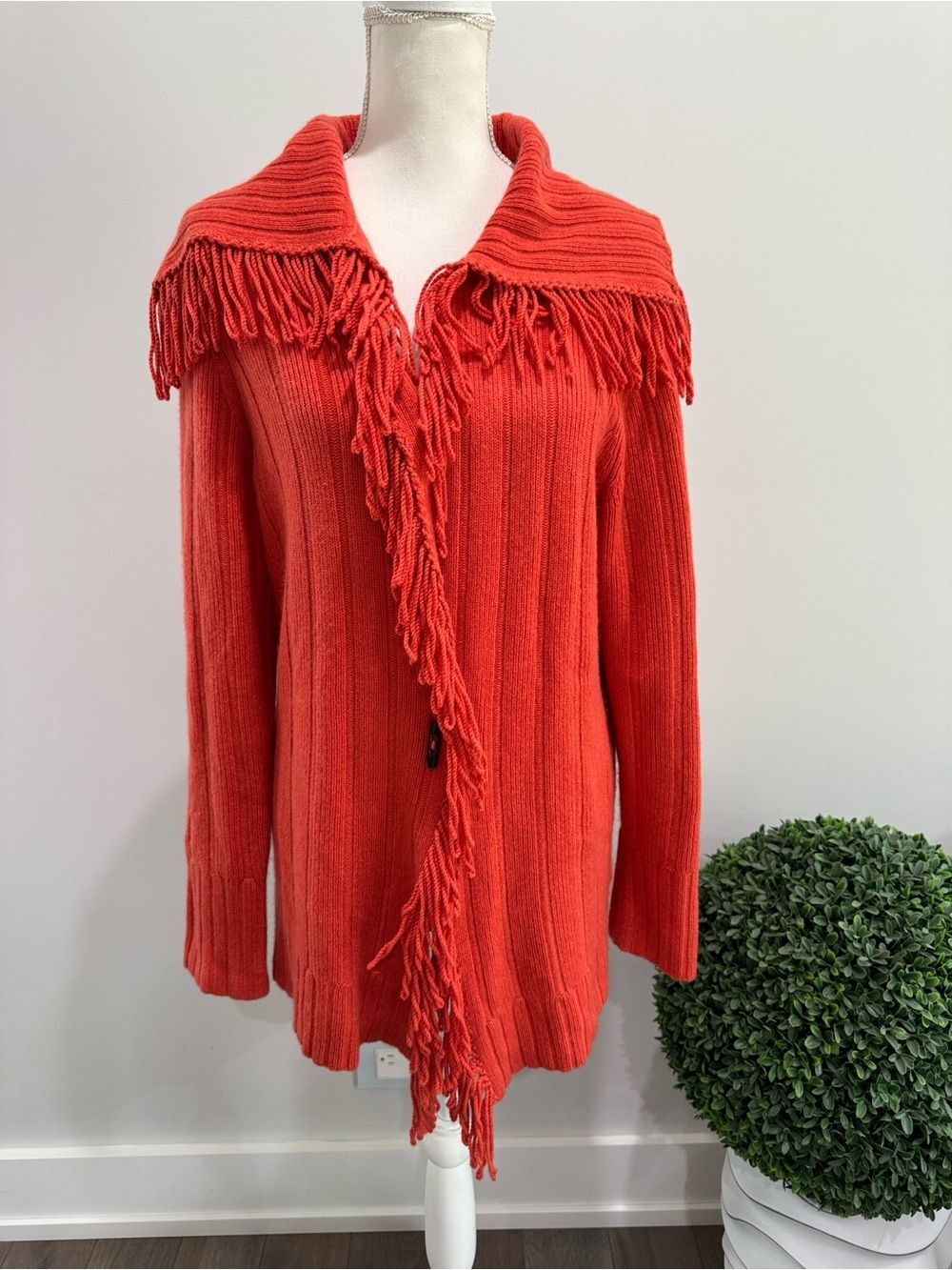 Worth Red-Orange Fringe Open-Front Ribbed Cardigan 100% Cashmere Sz L